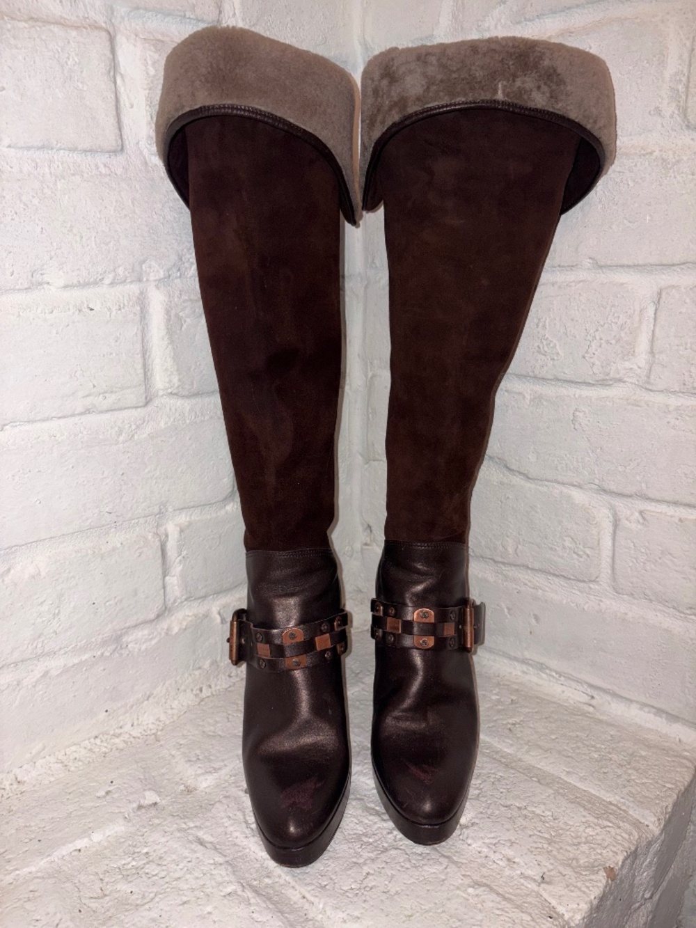 Celine Brown Suede Leather Fur Boots Size 38 EU Preowned